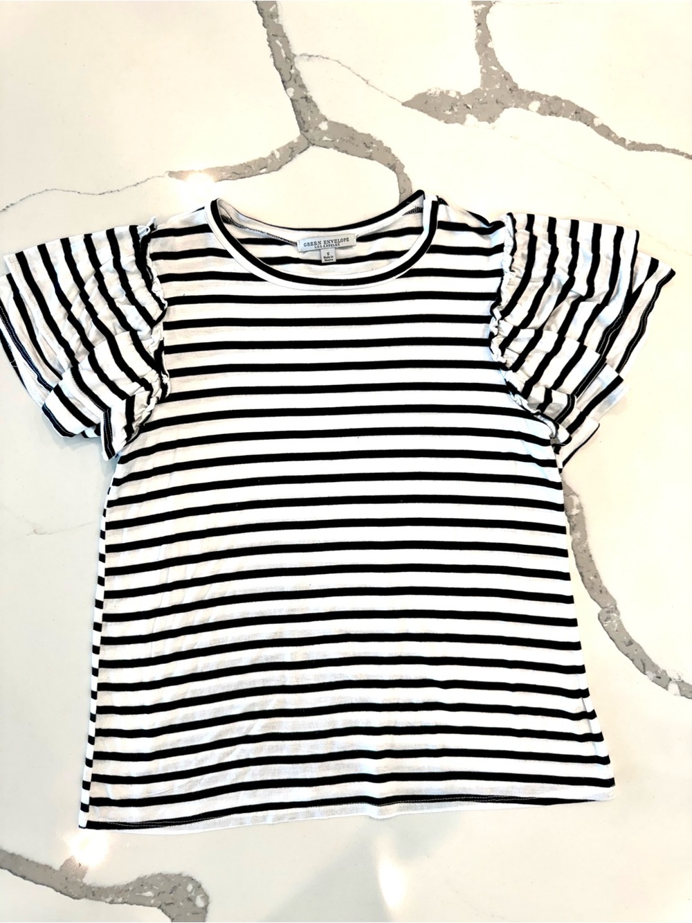 Green Envelope Black & White Stripe Ruffle Sleeve Tee